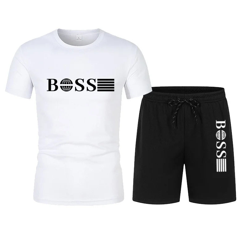 Summer hot selling men's sports suit fashionable printed casual T-shirt+shorts two-piece running set breathable quick drying
