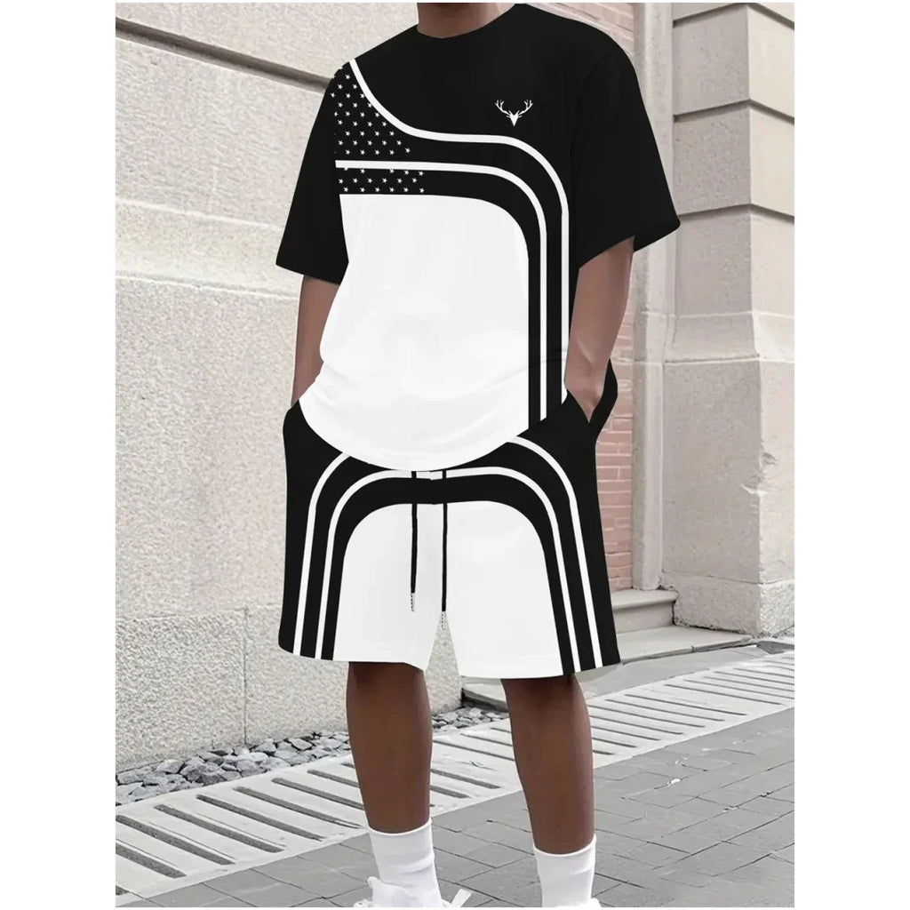 Fashion Summer Men's Stripe Print Comfortable Breathable Round Neck T-shirt Shorts Set Outdoor High Street Clothing T-shirt Sets