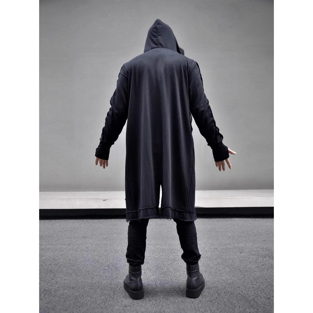 Men's Fake two Trench Jacket Windbreaker Men Gothic Punk Streetwear Long Jacket Coat Function Hoody Clothes Black