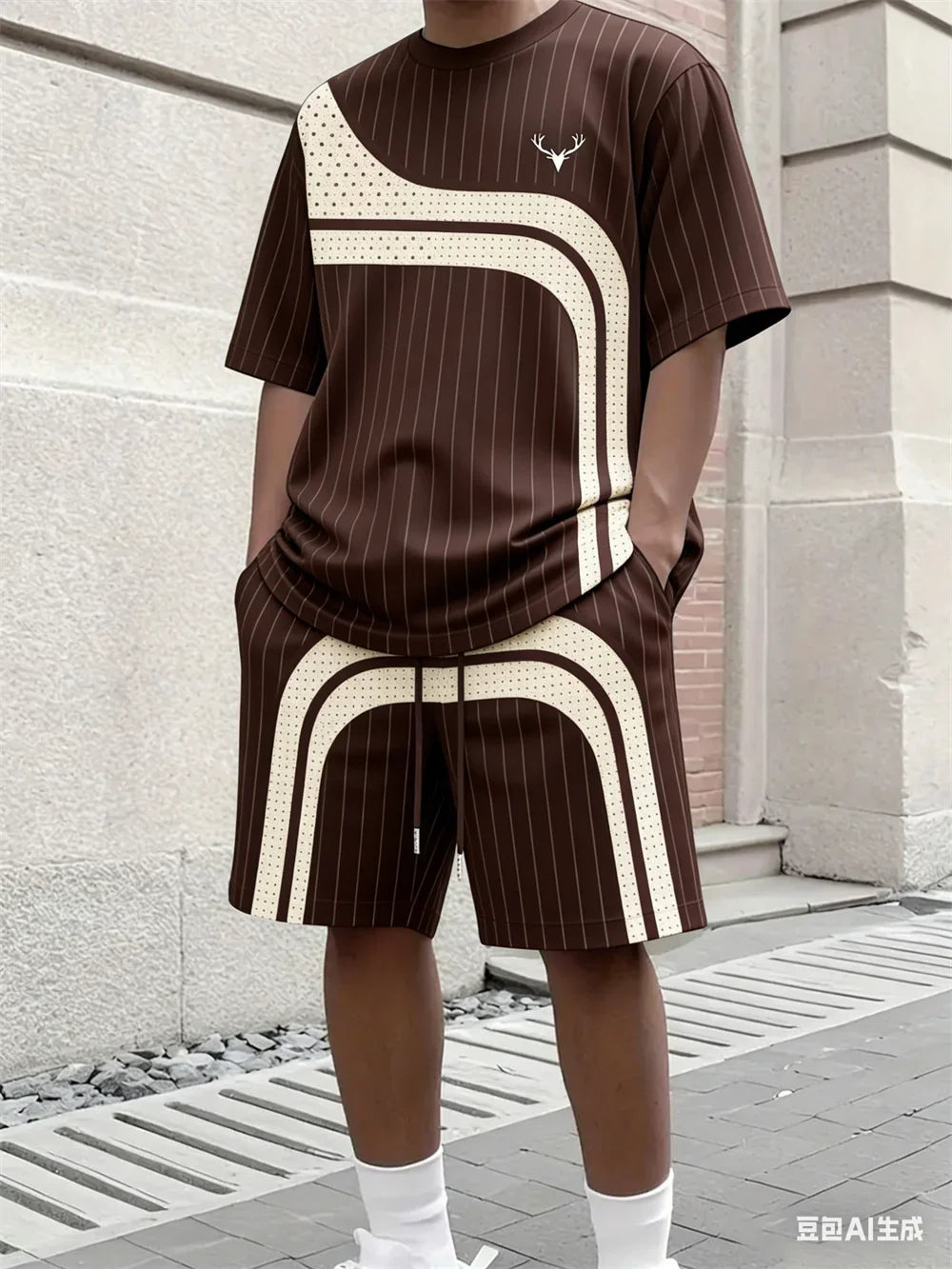 Fashion Summer Men's Stripe Print Comfortable Breathable Round Neck T-shirt Shorts Set Outdoor High Street Clothing T-shirt Sets