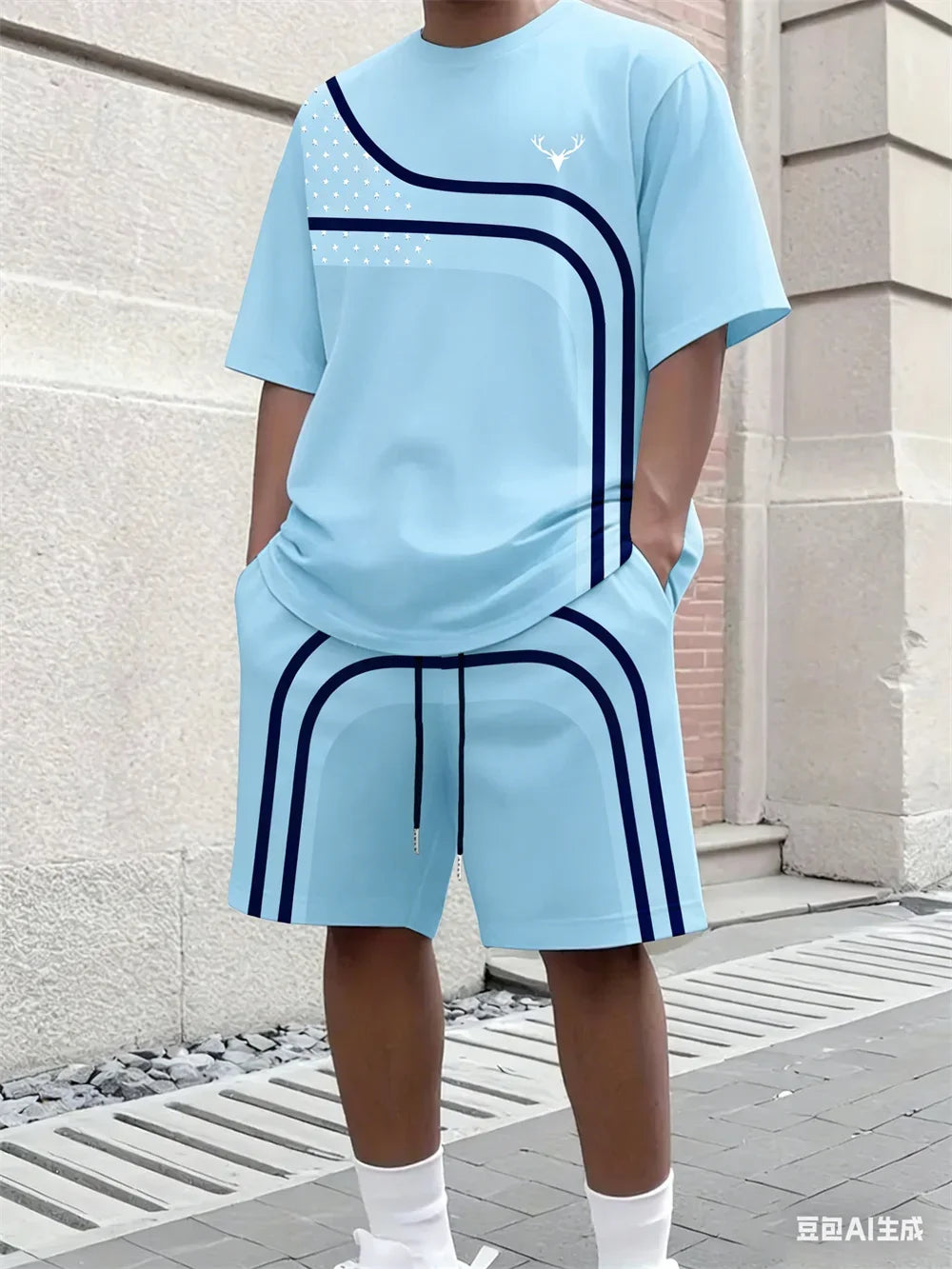 Fashion Summer Men's Stripe Print Comfortable Breathable Round Neck T-shirt Shorts Set Outdoor High Street Clothing T-shirt Sets