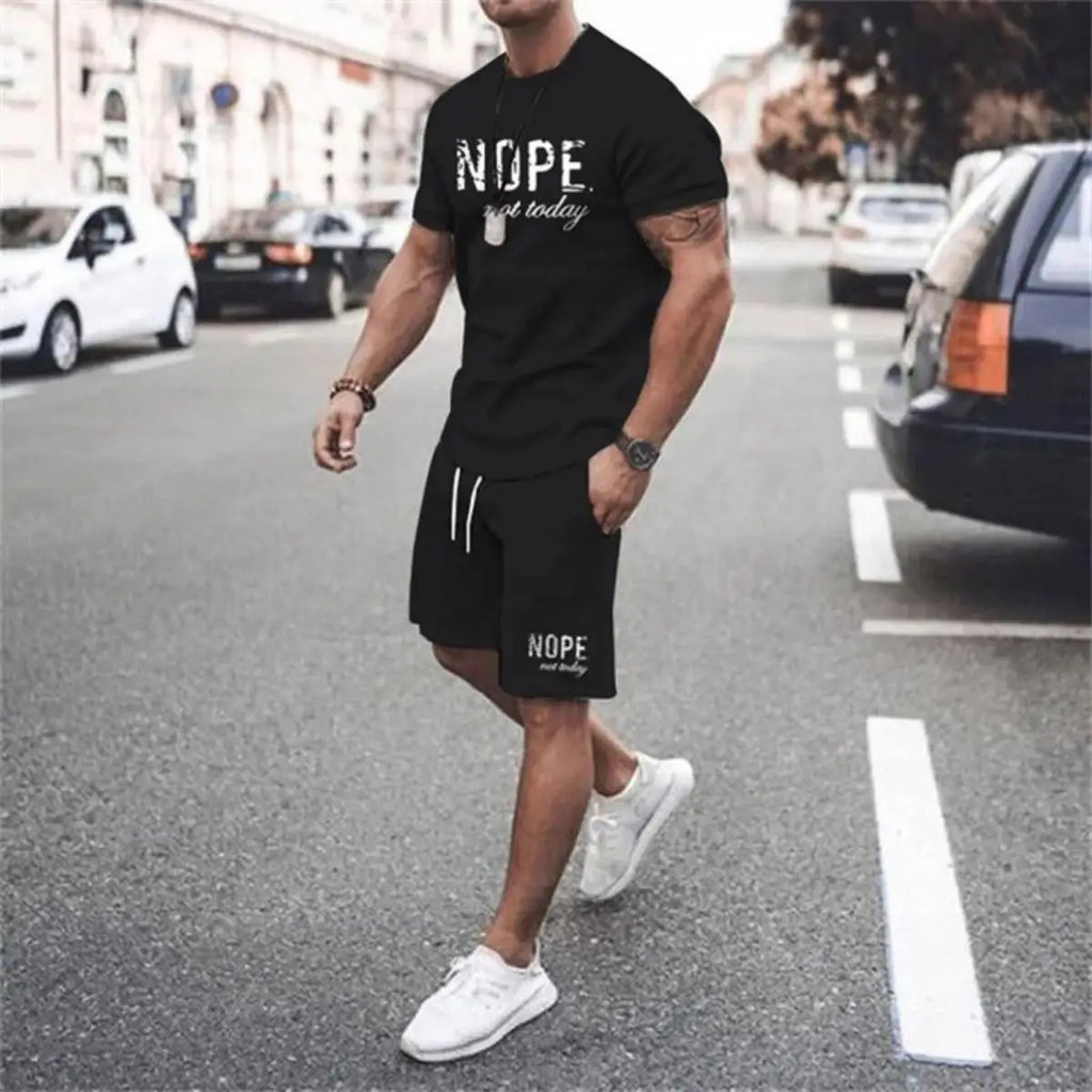 Fashionable men's summer new letter printed breathable round neck T-shirt shorts set outdoor quick drying casual clothing