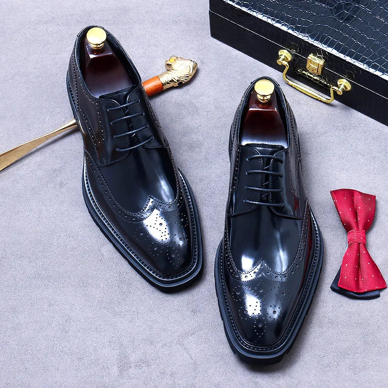 Size 38 To 46 Classic Italian Genuine Leather Men's Dress Shoes Black Lace-up Wingtip Oxfords Business Wedding Brogue Suit Shoes