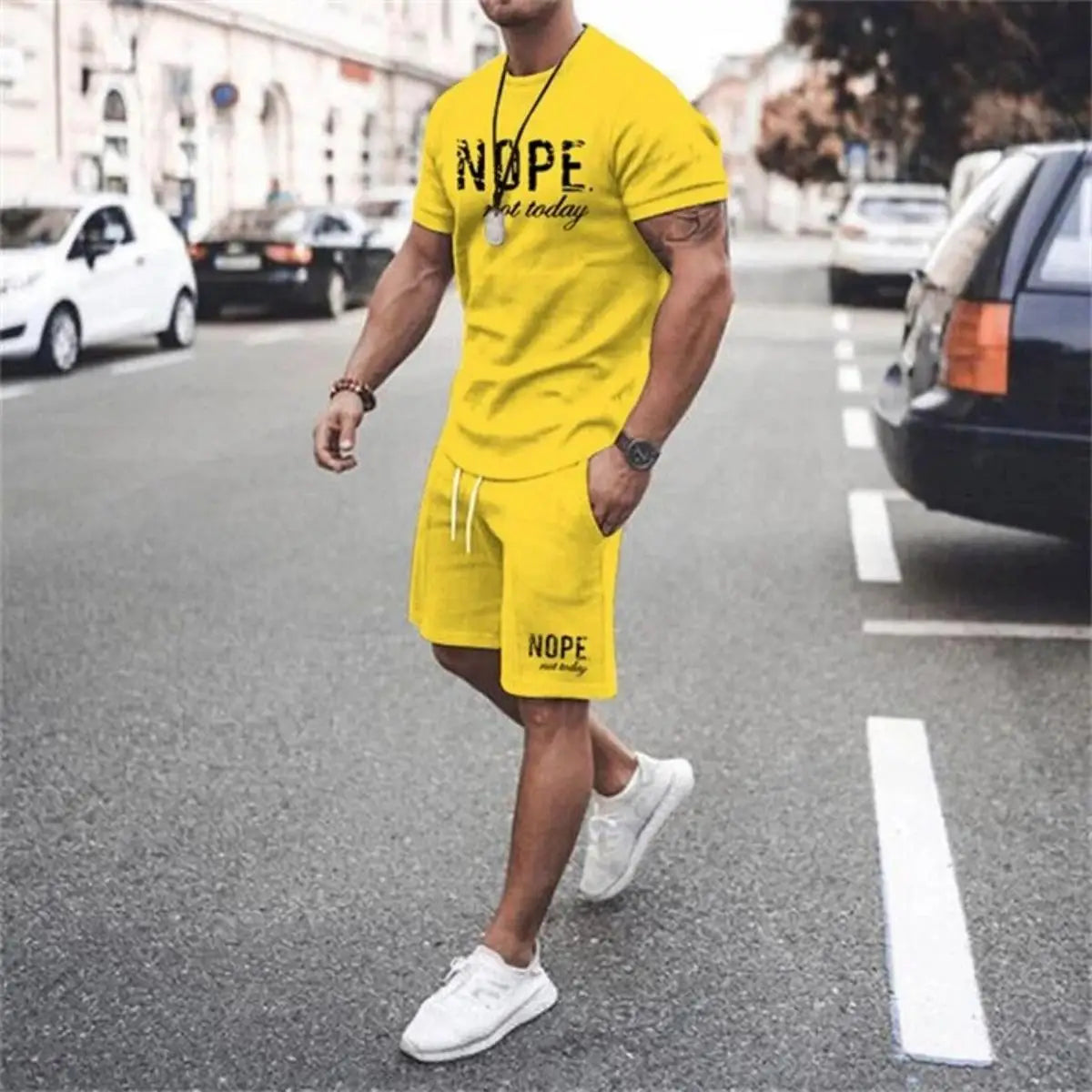 Fashionable men's summer new letter printed breathable round neck T-shirt shorts set outdoor quick drying casual clothing