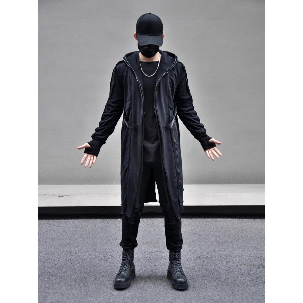 Men's Fake two Trench Jacket Windbreaker Men Gothic Punk Streetwear Long Jacket Coat Function Hoody Clothes Black