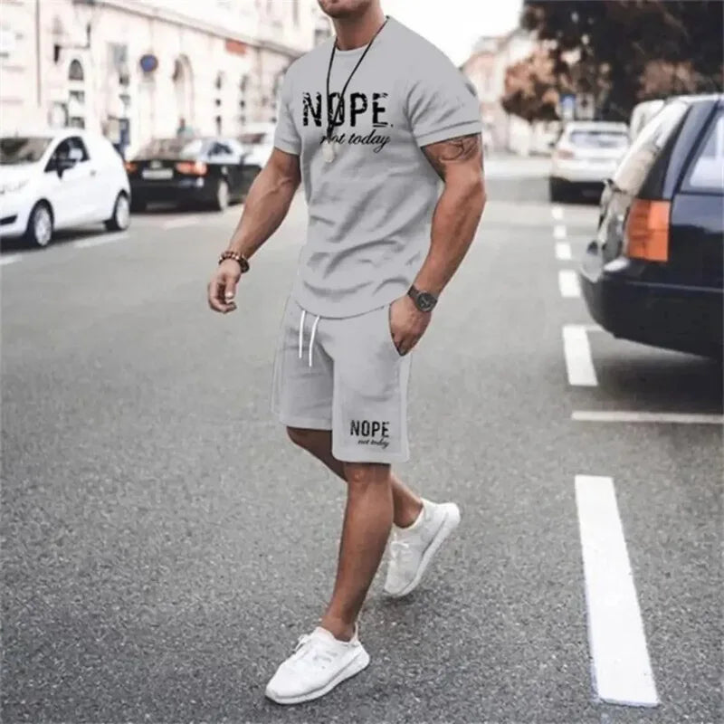 Fashionable men's summer new letter printed breathable round neck T-shirt shorts set outdoor quick drying casual clothing