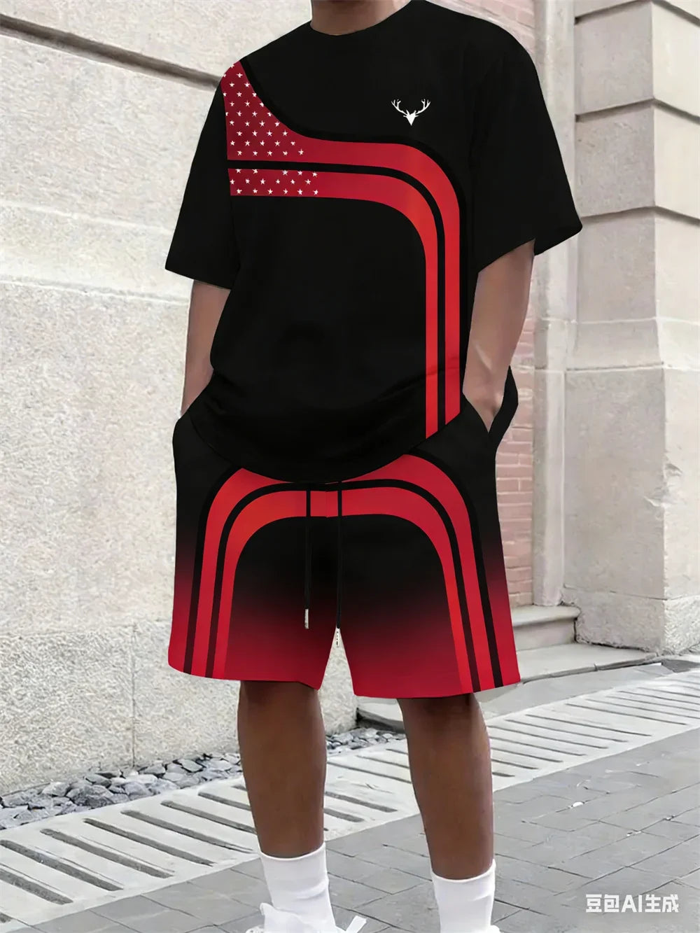 Fashion Summer Men's Stripe Print Comfortable Breathable Round Neck T-shirt Shorts Set Outdoor High Street Clothing T-shirt Sets