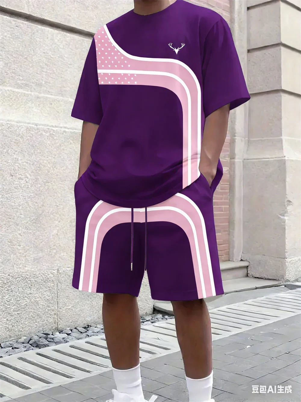 Fashion Summer Men's Stripe Print Comfortable Breathable Round Neck T-shirt Shorts Set Outdoor High Street Clothing T-shirt Sets
