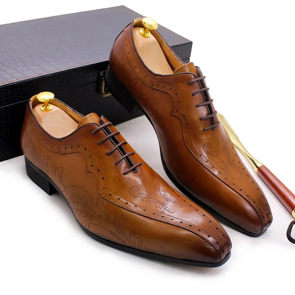 Italian Style Men's Genuine Leather Oxford Dress Shoes Brown/Black High-Quality Lace-Up Formal Wedding Suit Footwear