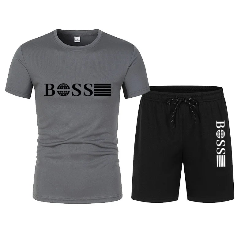 Summer hot selling men's sports suit fashionable printed casual T-shirt+shorts two-piece running set breathable quick drying