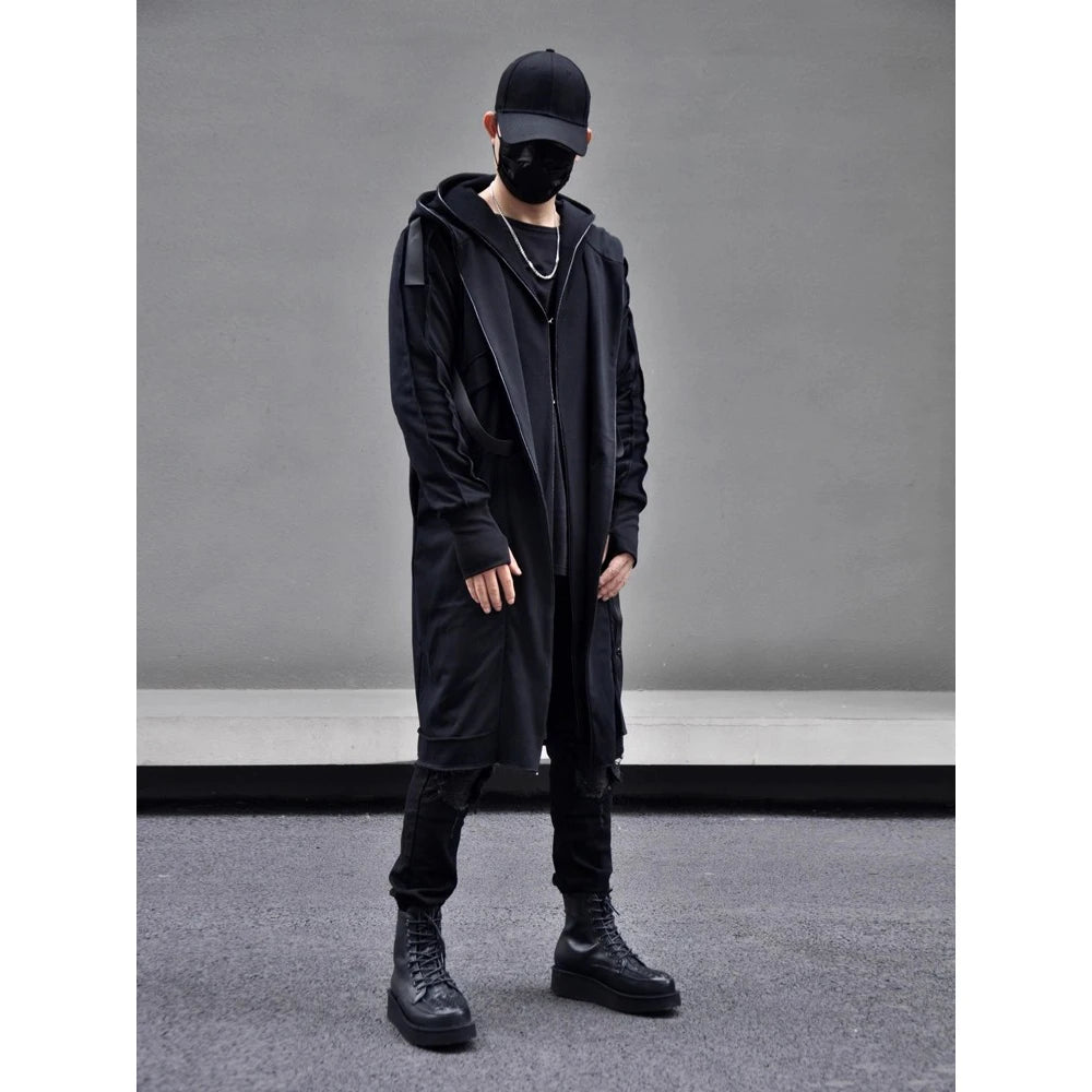 Men's Fake two Trench Jacket Windbreaker Men Gothic Punk Streetwear Long Jacket Coat Function Hoody Clothes Black