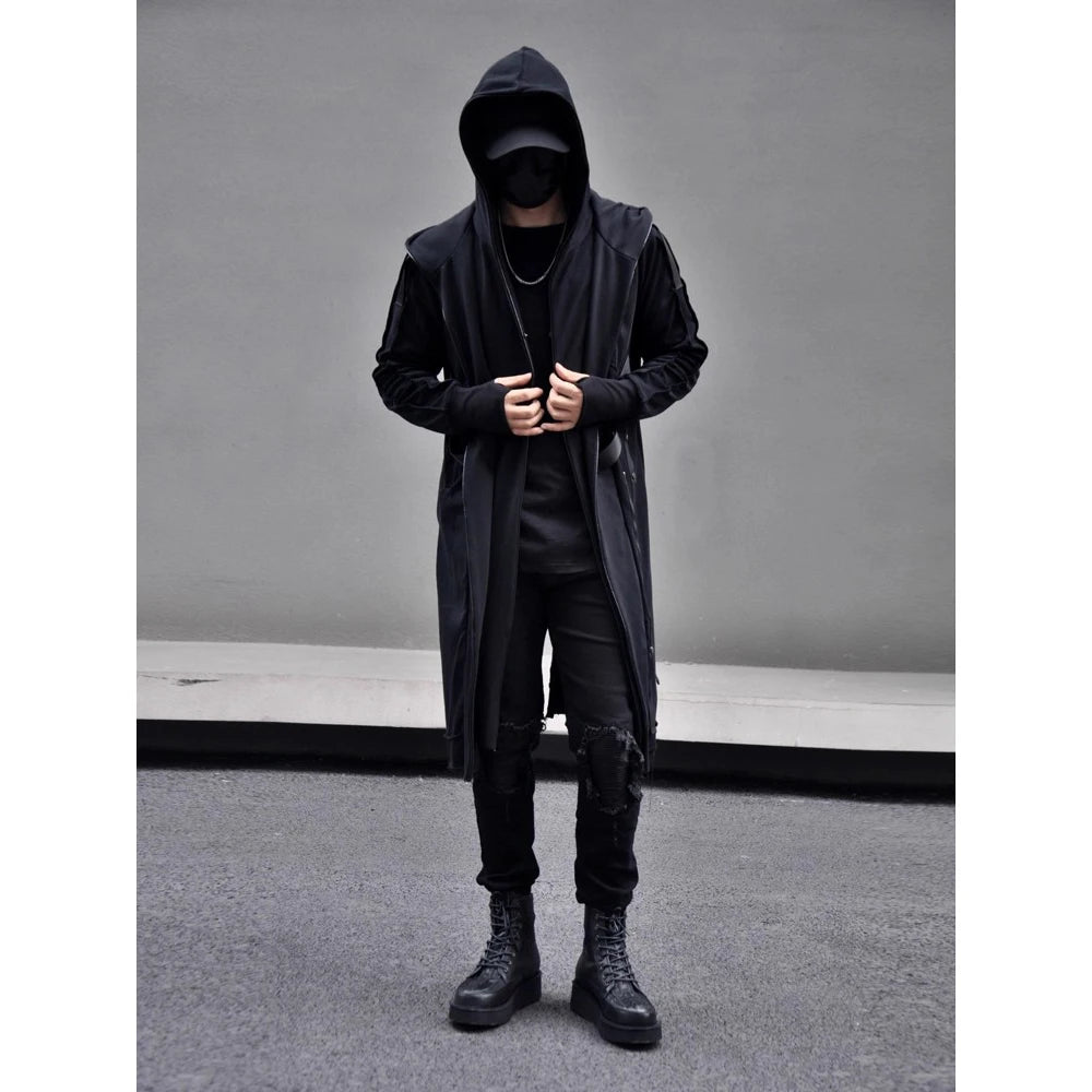 Men's Fake two Trench Jacket Windbreaker Men Gothic Punk Streetwear Long Jacket Coat Function Hoody Clothes Black