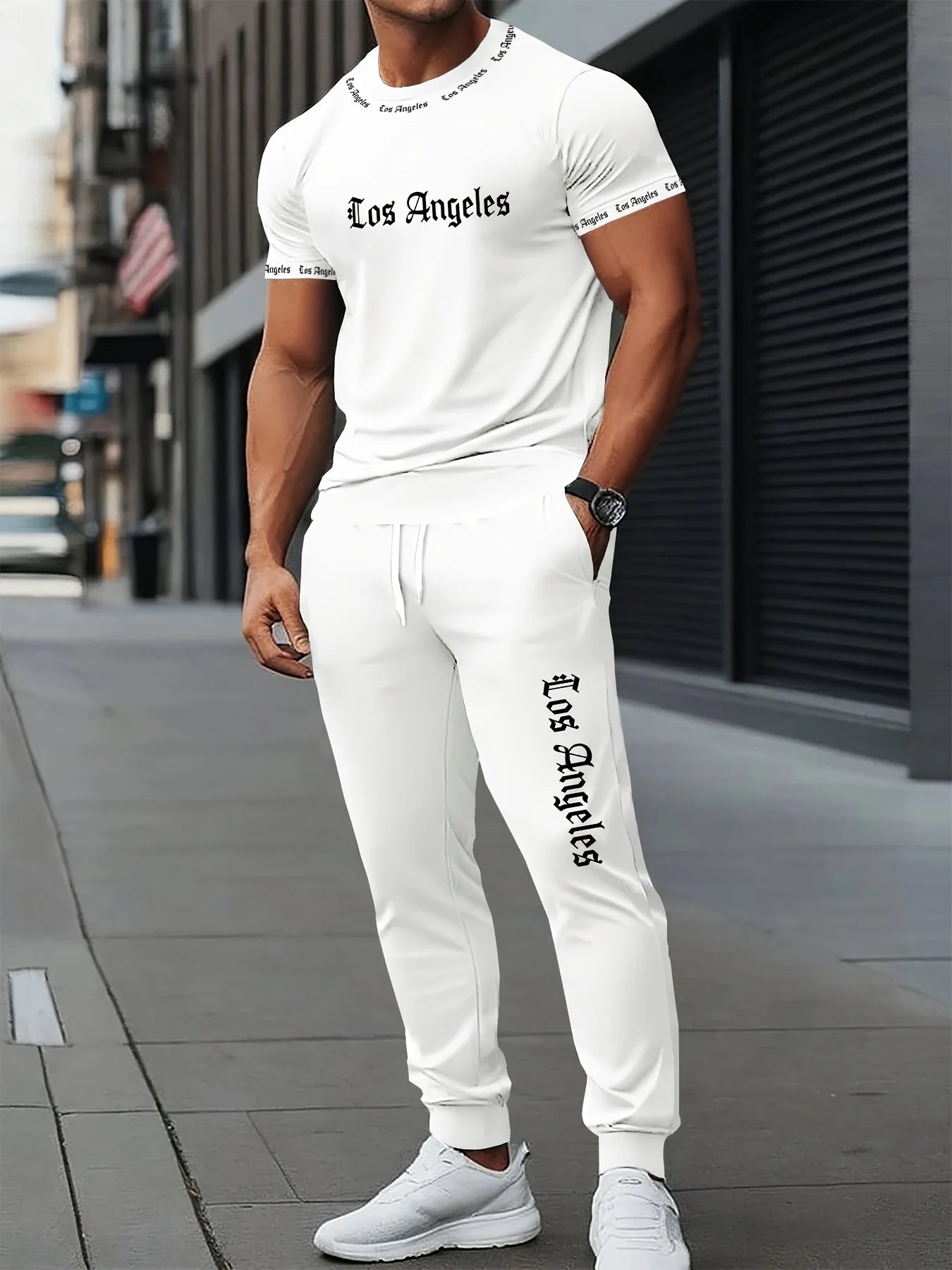 Summer Men's Gothic Letter Printed Polyester Breathable Round Neck T-shirt Pants Set Outdoor Urban Fashion Clothing