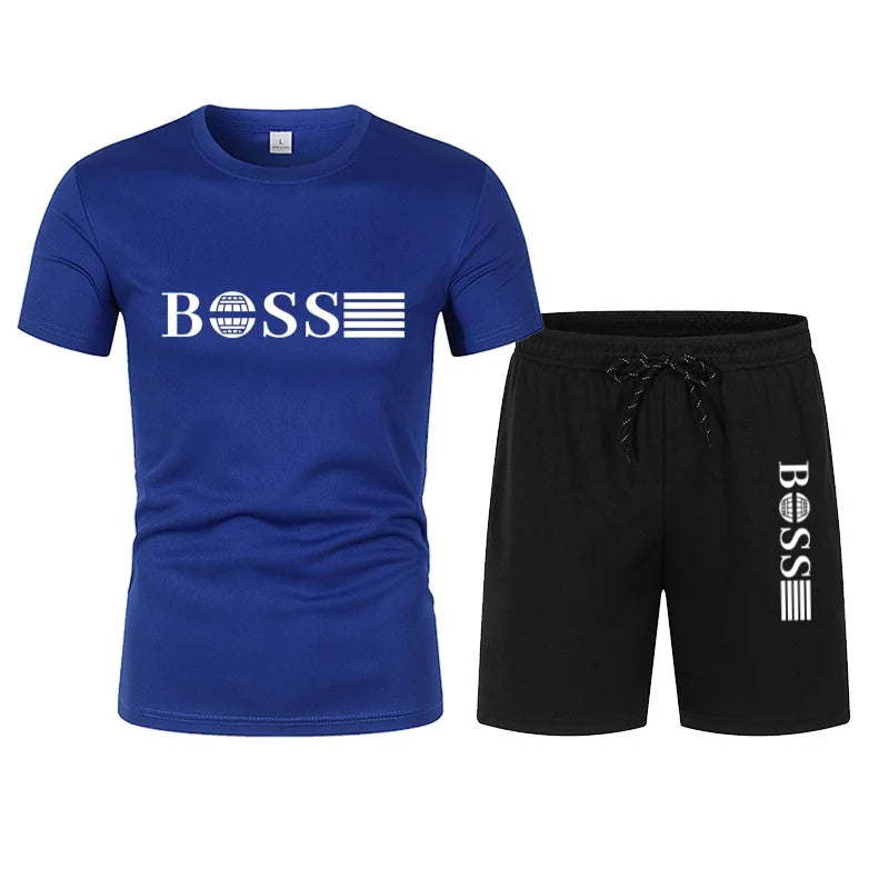 Summer hot selling men's sports suit fashionable printed casual T-shirt+shorts two-piece running set breathable quick drying