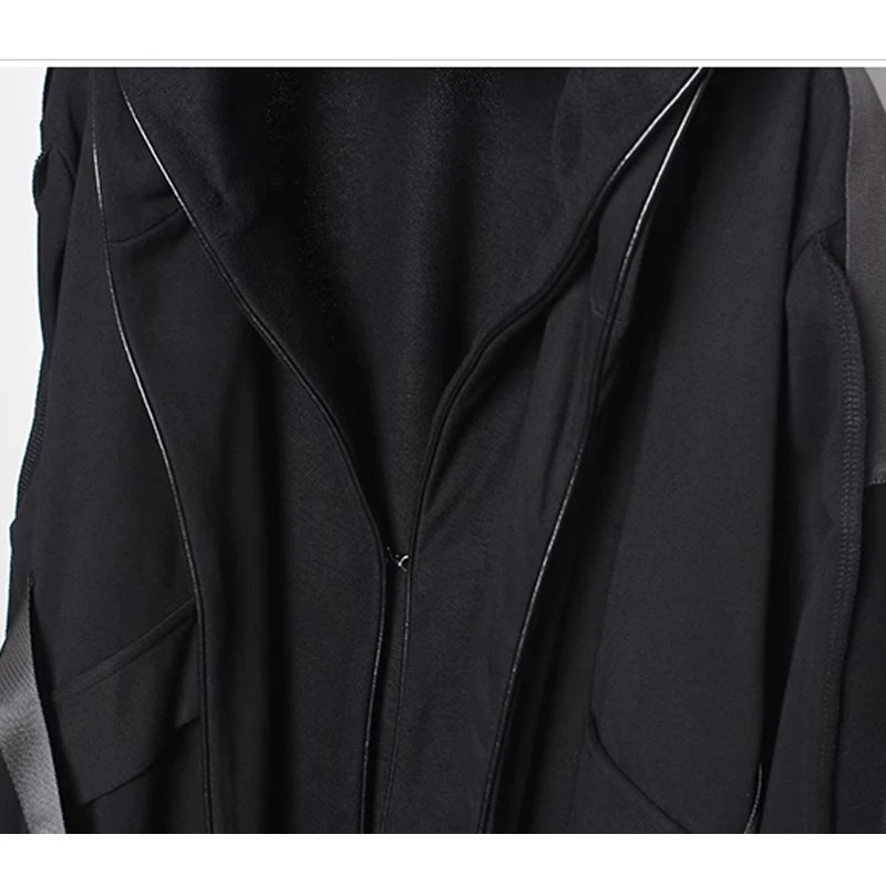 Men's Fake two Trench Jacket Windbreaker Men Gothic Punk Streetwear Long Jacket Coat Function Hoody Clothes Black