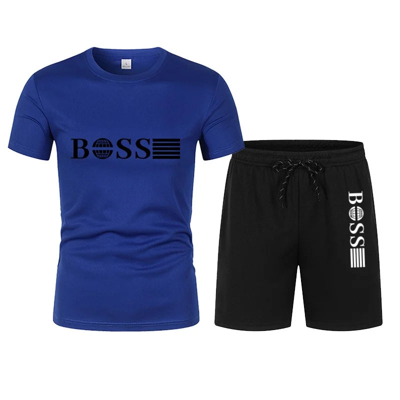 Summer hot selling men's sports suit fashionable printed casual T-shirt+shorts two-piece running set breathable quick drying