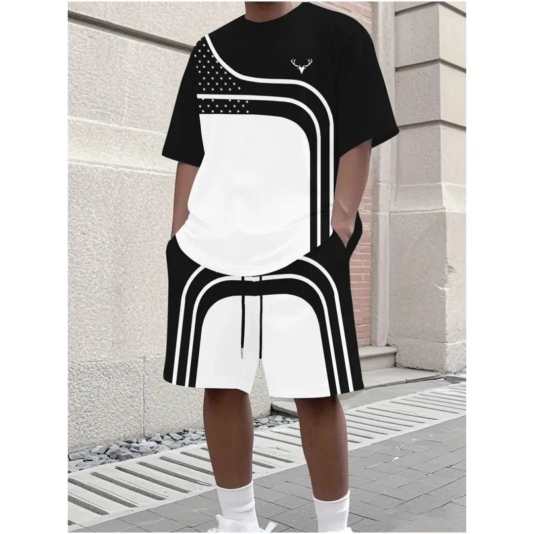 Fashion Summer Men's Stripe Print Comfortable Breathable Round Neck T-shirt Shorts Set Outdoor High Street Clothing T-shirt Sets