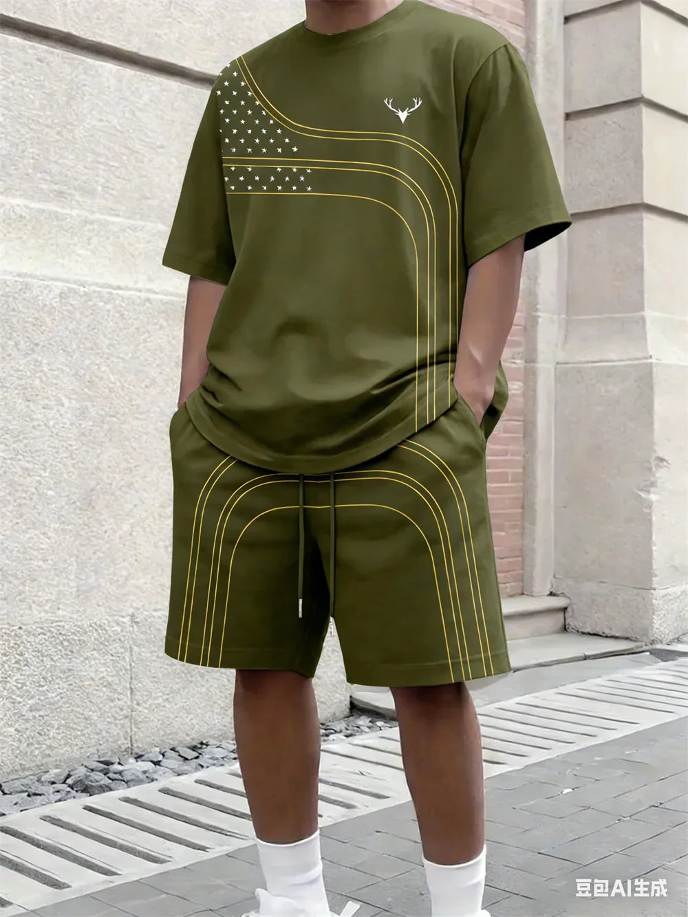 Fashion Summer Men's Stripe Print Comfortable Breathable Round Neck T-shirt Shorts Set Outdoor High Street Clothing T-shirt Sets