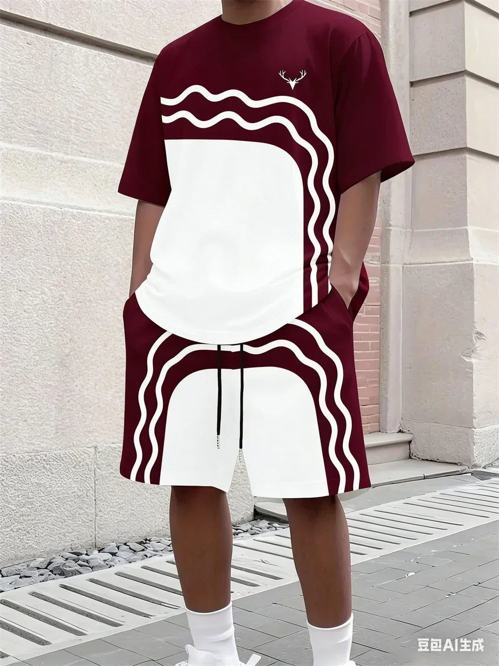 Fashion Summer Men's Stripe Print Comfortable Breathable Round Neck T-shirt Shorts Set Outdoor High Street Clothing T-shirt Sets