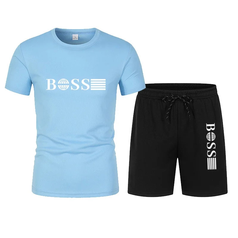 Summer hot selling men's sports suit fashionable printed casual T-shirt+shorts two-piece running set breathable quick drying