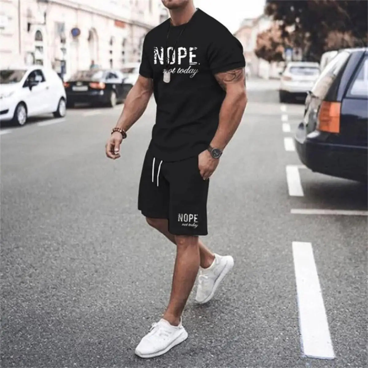 Fashionable men's summer new letter printed breathable round neck T-shirt shorts set outdoor quick drying casual clothing