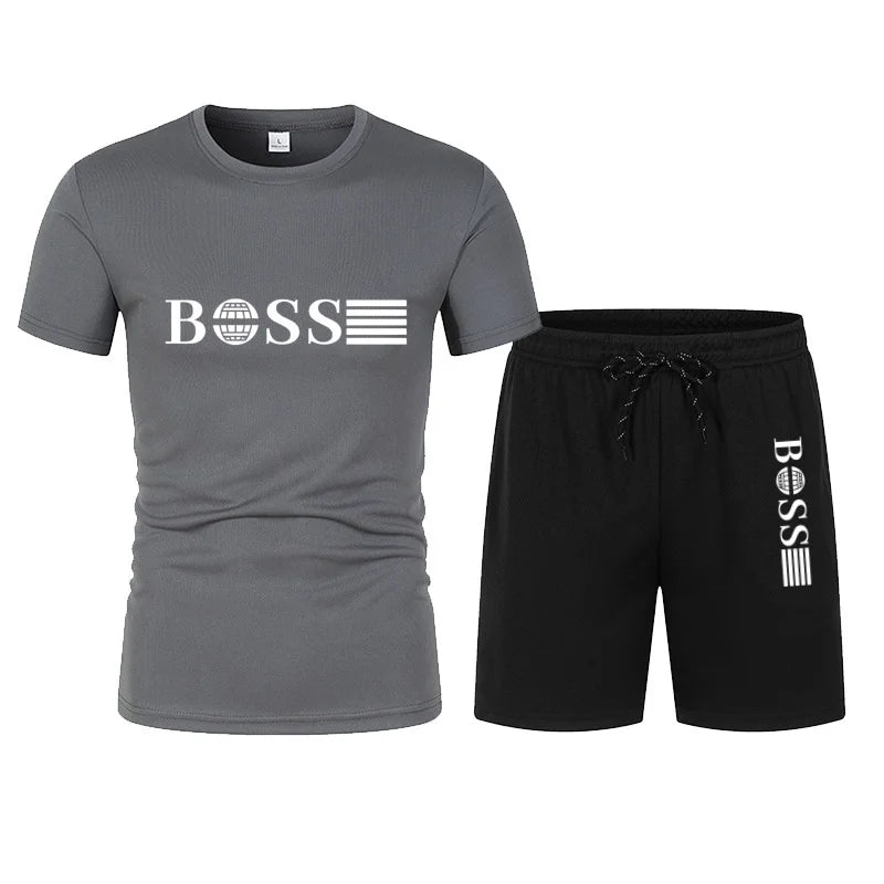 Summer hot selling men's sports suit fashionable printed casual T-shirt+shorts two-piece running set breathable quick drying