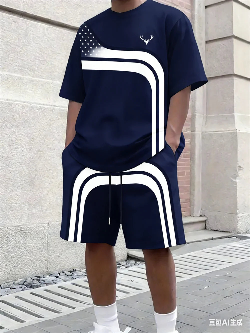 Fashion Summer Men's Stripe Print Comfortable Breathable Round Neck T-shirt Shorts Set Outdoor High Street Clothing T-shirt Sets