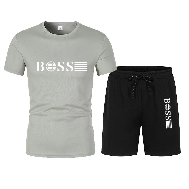 Summer hot selling men's sports suit fashionable printed casual T-shirt+shorts two-piece running set breathable quick drying