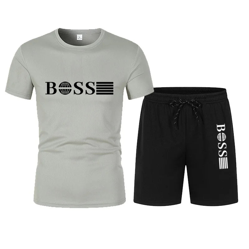 Summer hot selling men's sports suit fashionable printed casual T-shirt+shorts two-piece running set breathable quick drying