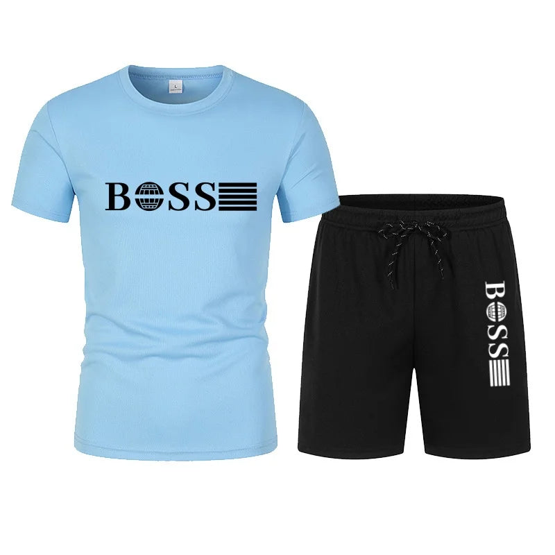 Summer hot selling men's sports suit fashionable printed casual T-shirt+shorts two-piece running set breathable quick drying