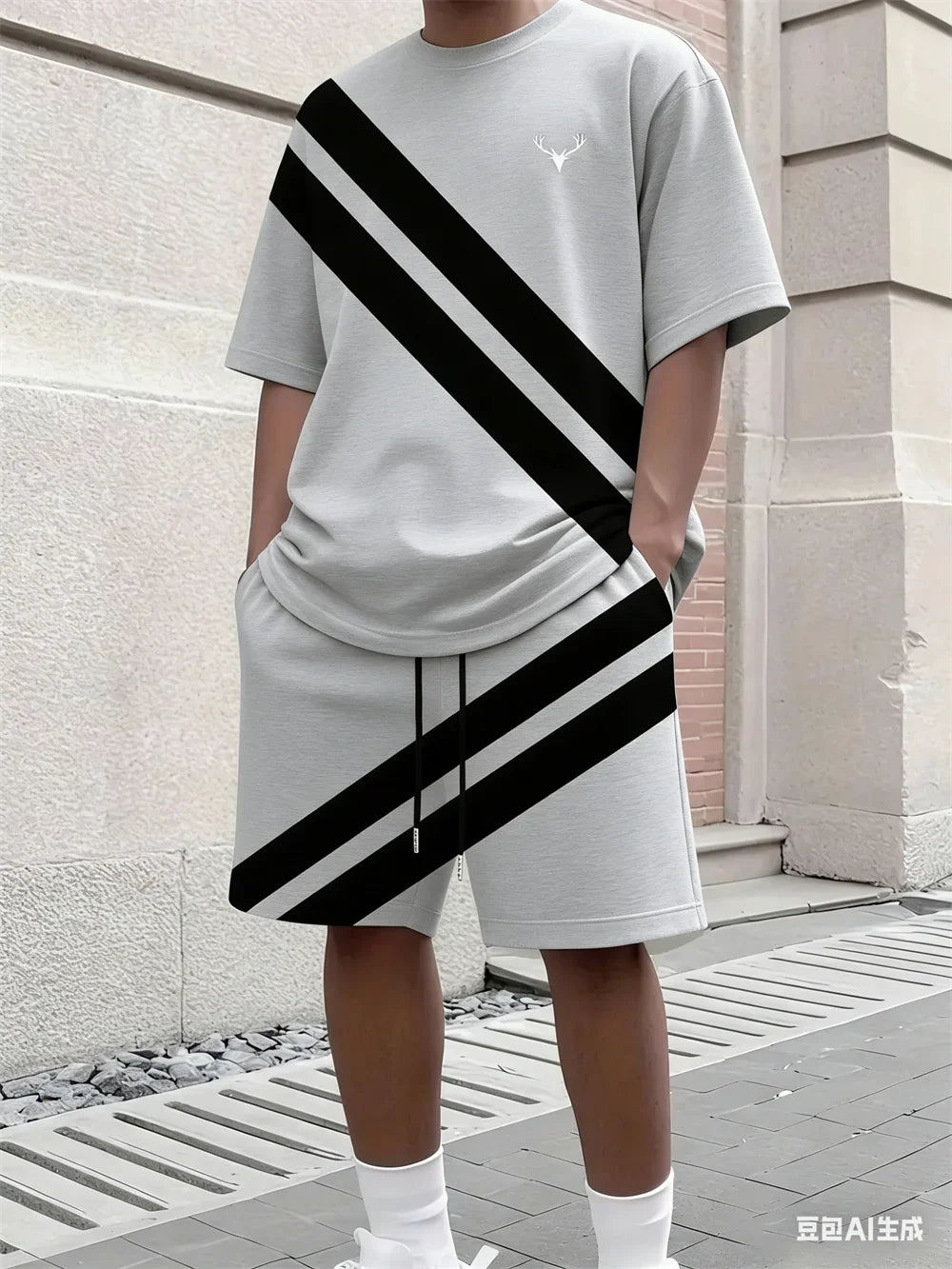 Fashion Summer Men's Stripe Print Comfortable Breathable Round Neck T-shirt Shorts Set Outdoor High Street Clothing T-shirt Sets
