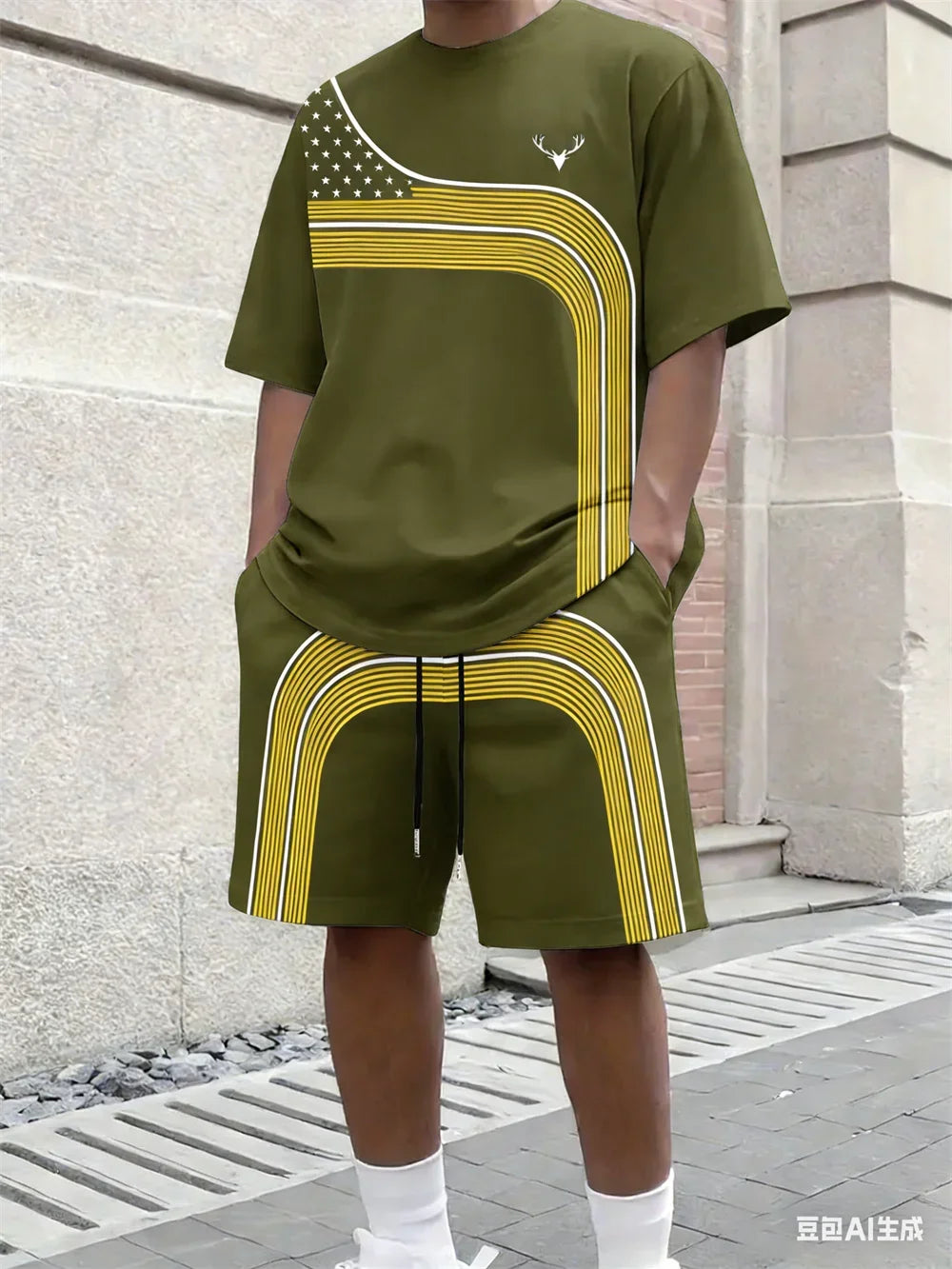 Fashion Summer Men's Stripe Print Comfortable Breathable Round Neck T-shirt Shorts Set Outdoor High Street Clothing T-shirt Sets